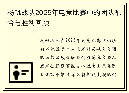 杨帆战队2025年电竞比赛中的团队配合与胜利回顾