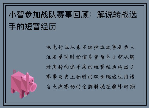 小智参加战队赛事回顾：解说转战选手的短暂经历
