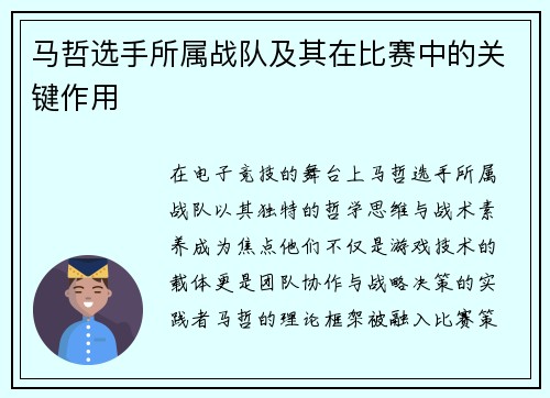 马哲选手所属战队及其在比赛中的关键作用